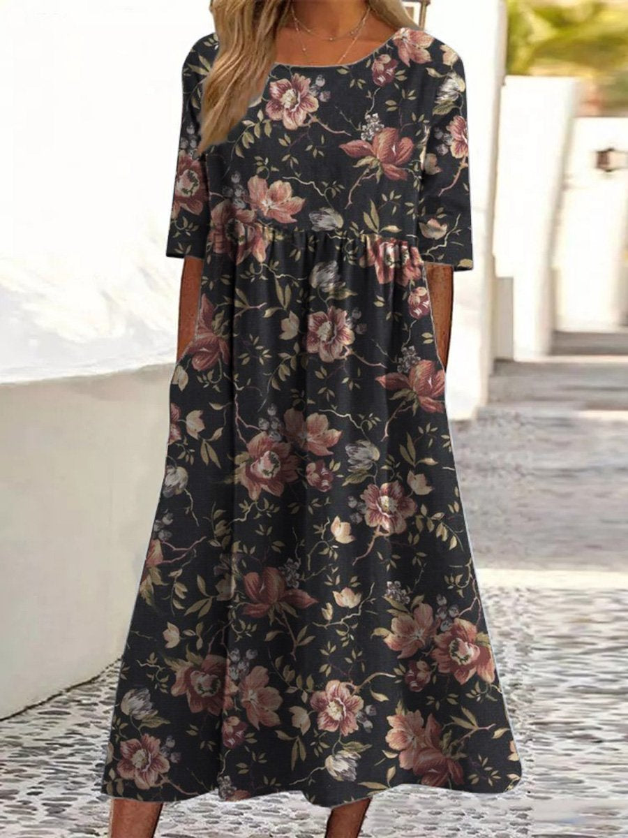 Vintage-Stil Tropisches Blumenmuster Gedrucktes Damen Baumwollkleid mit Taschen