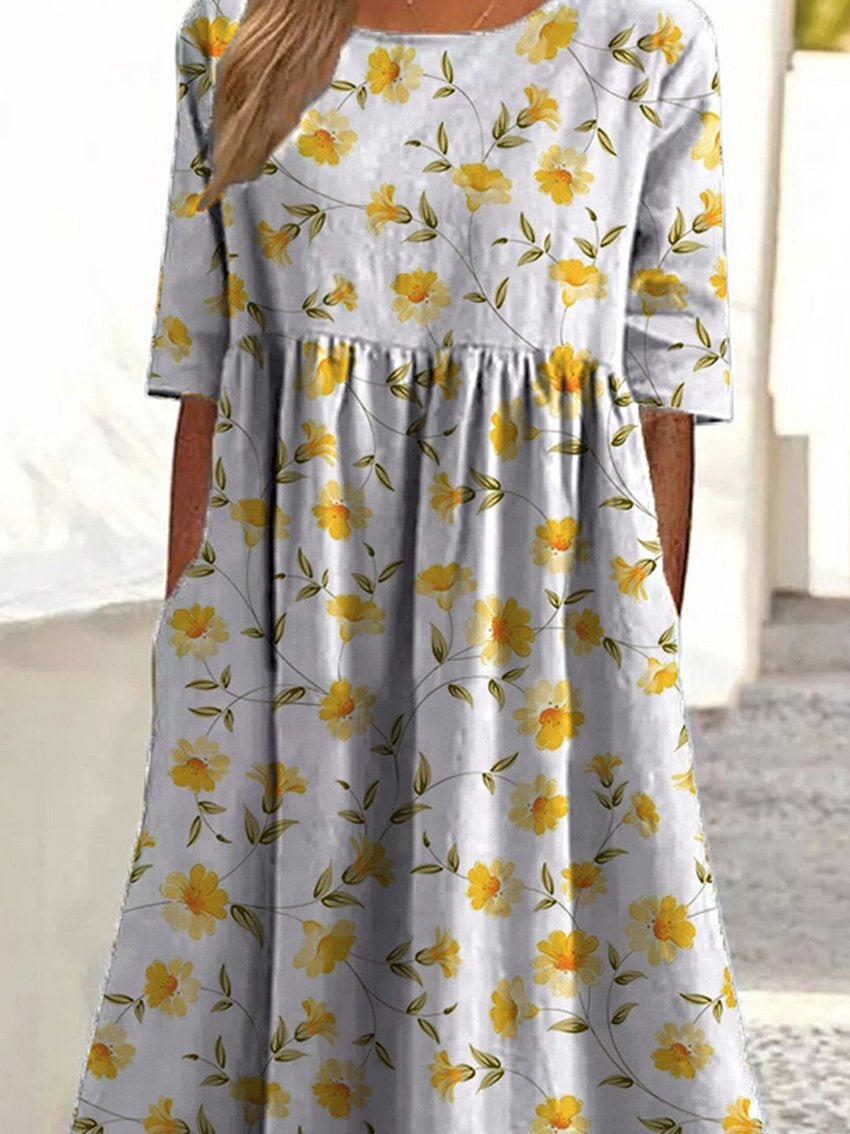 Schönes Narzissen-Blumenmuster bedrucktes Damen-Kleid aus Baumwolle mit Taschen