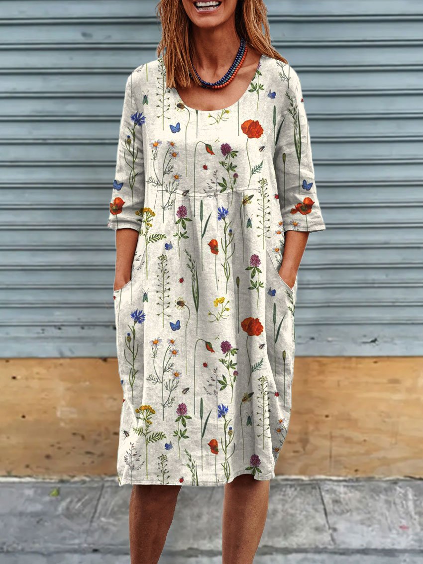 Damen-Tunikakleid aus Leinen mit Blumenmuster und Taschen