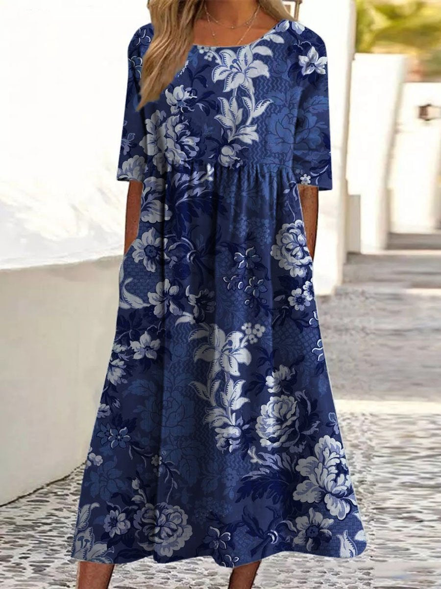 Damen Vintage Blumen Kunst Druck Taschen Baumwollkleid