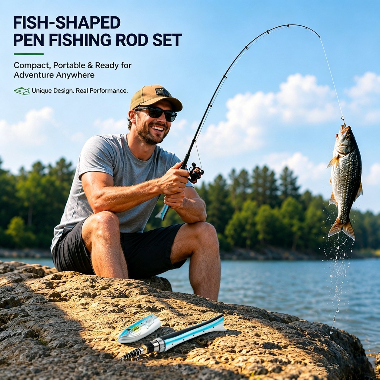🎣 Mini Fish-Shaped Pen Fishing Rod Set