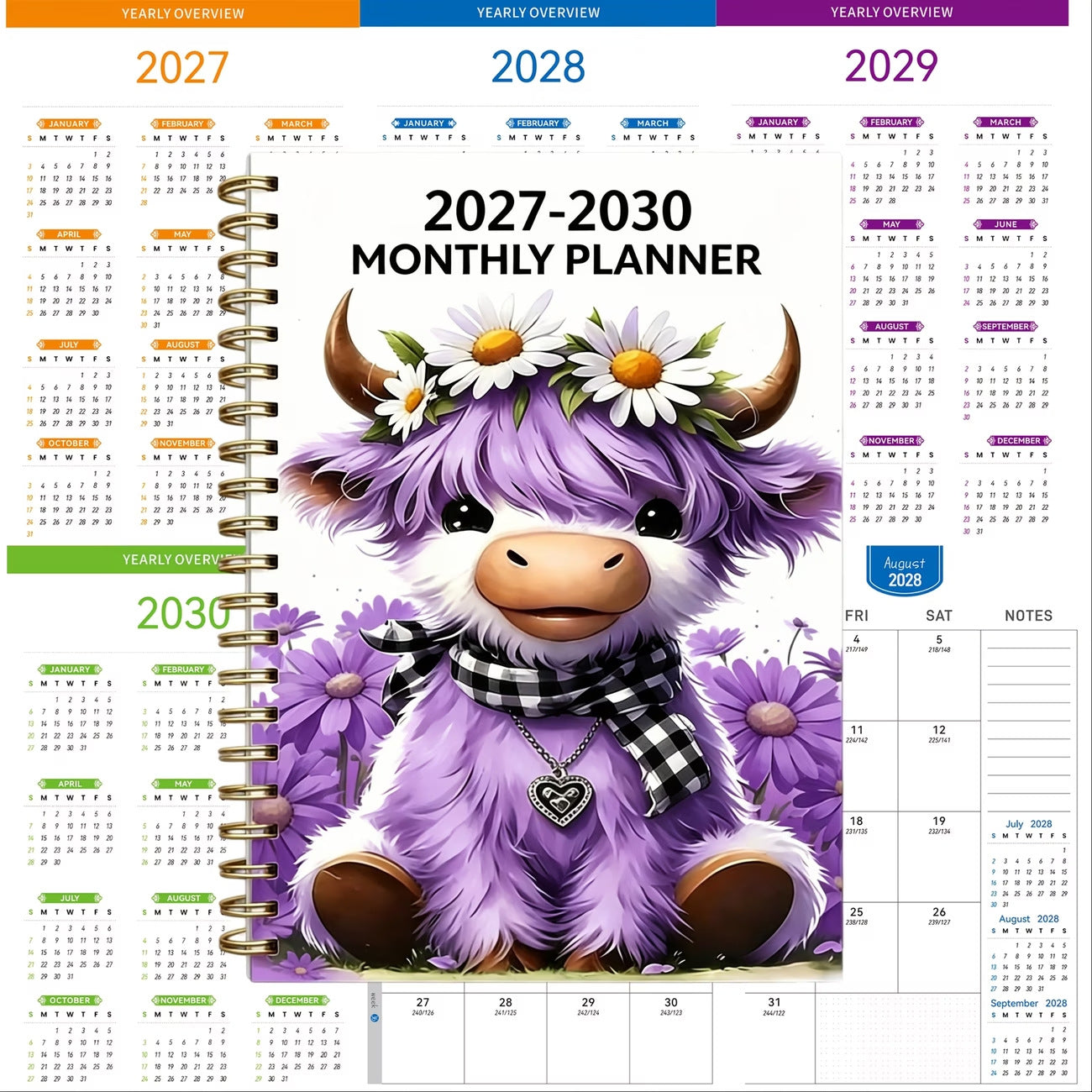 2027–2030 Highland Cow Monthly Planner | 4-Year Spiral Calendar