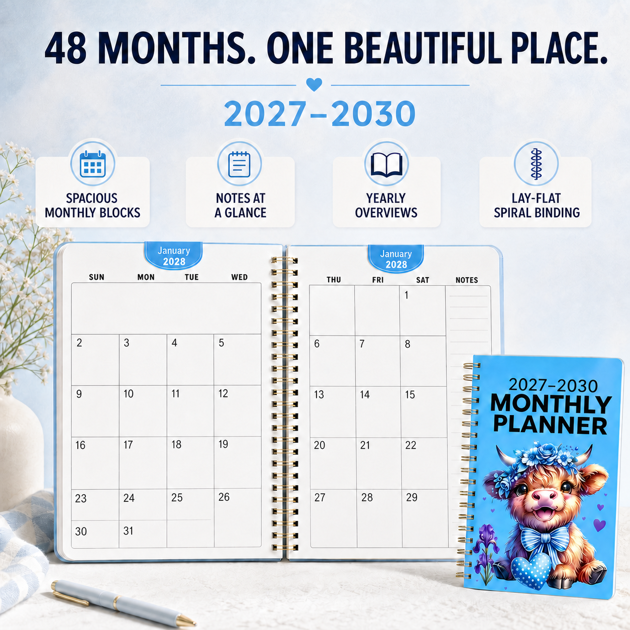 2027–2030 Highland Cow Monthly Planner | 4-Year Spiral Calendar