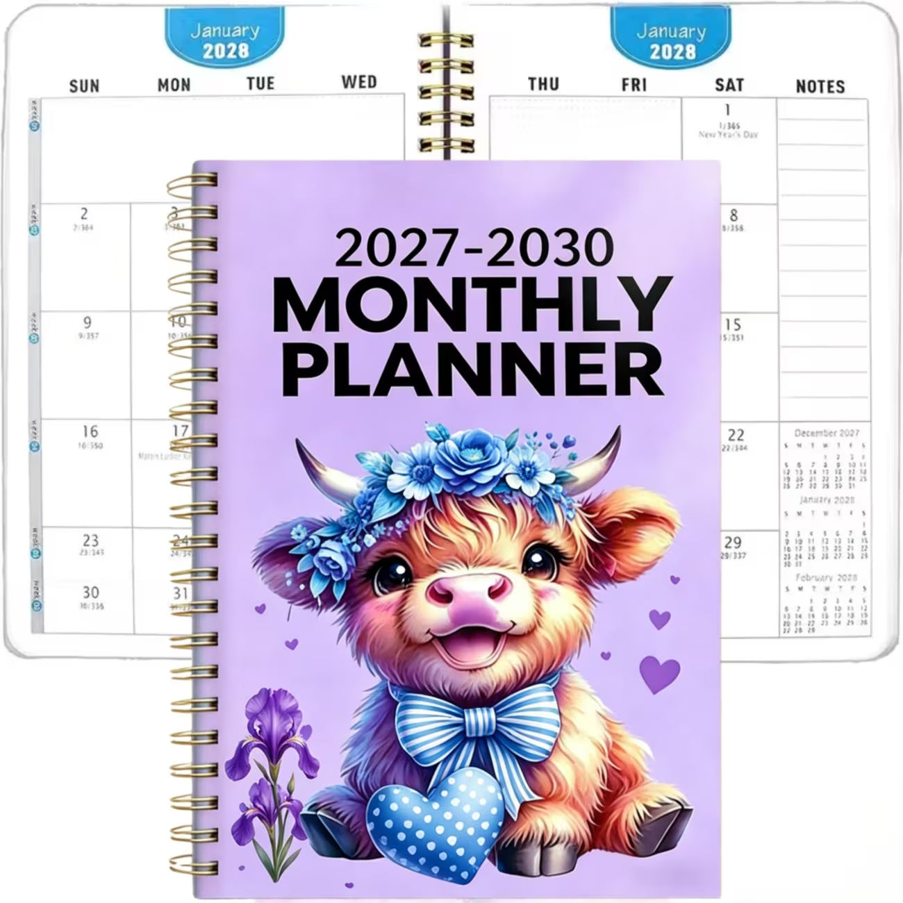 2027–2030 Highland Cow Monthly Planner | 4-Year Spiral Calendar