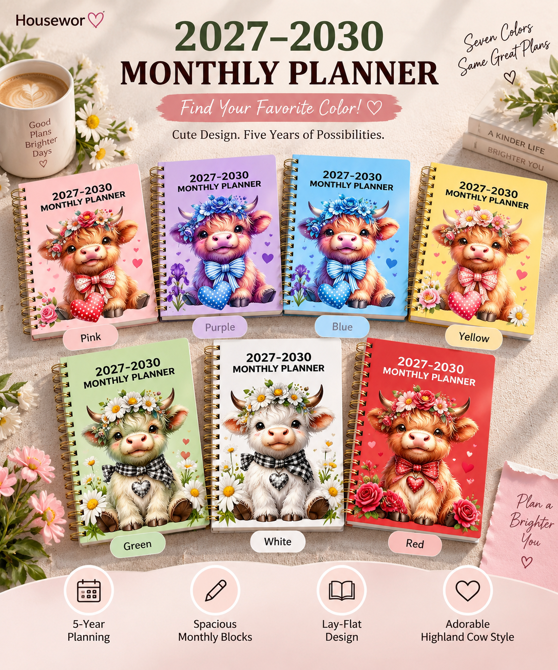2027–2030 Highland Cow Monthly Planner | 4-Year Spiral Calendar