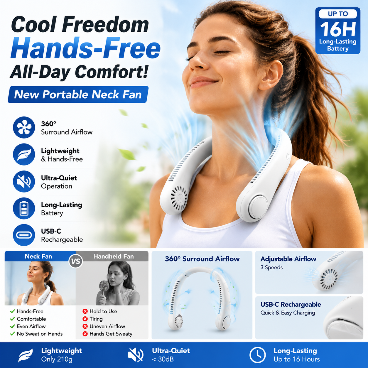 ⚡ 49% OFF Today – ❄️ Stay Cool Anywhere – New Portable Neck Fan | Hands-Free • Lightweight • USB Rechargeable
