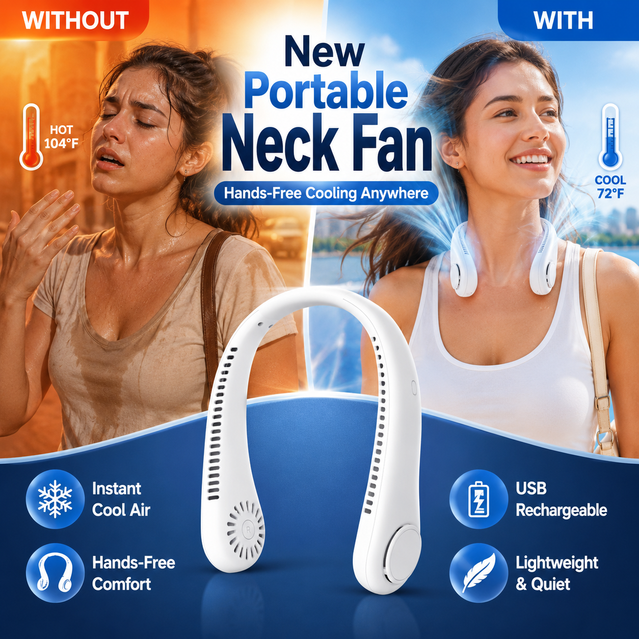 ⚡ 49% OFF Today – ❄️ Stay Cool Anywhere – New Portable Neck Fan | Hands-Free • Lightweight • USB Rechargeable