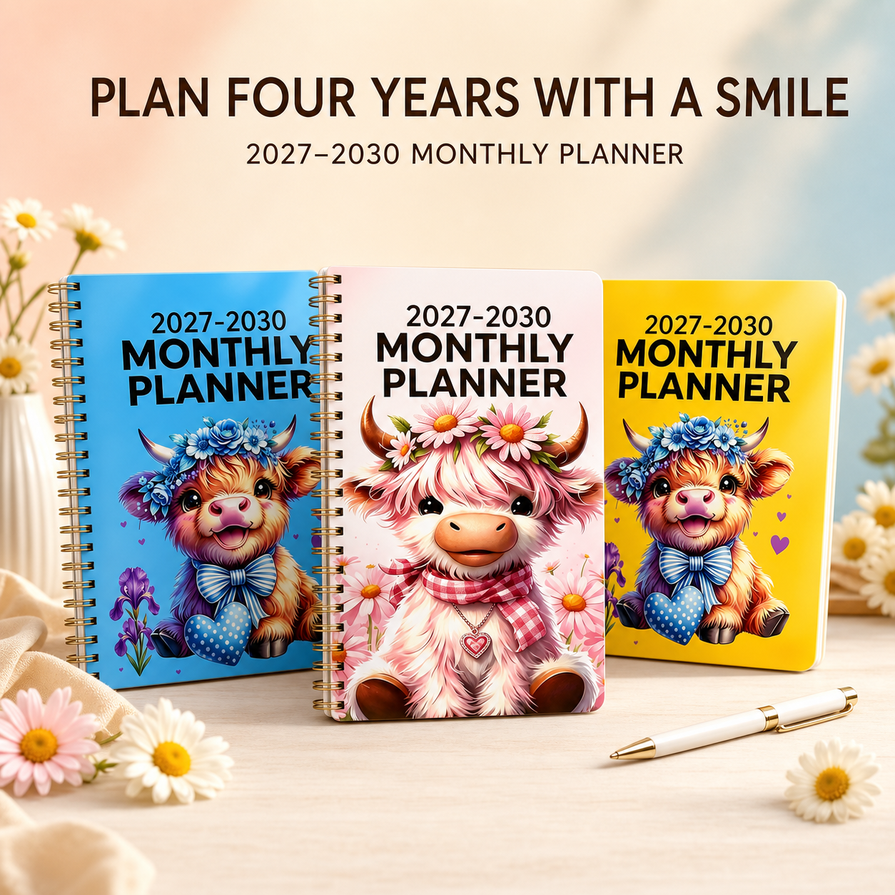 2027–2030 Highland Cow Monthly Planner | 4-Year Spiral Calendar