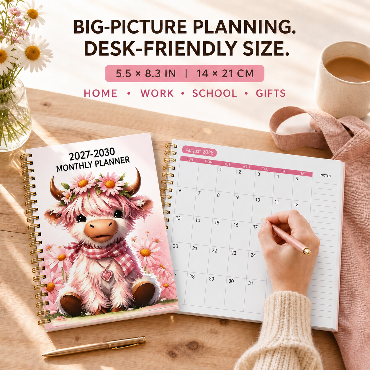 2027–2030 Highland Cow Monthly Planner | 4-Year Spiral Calendar