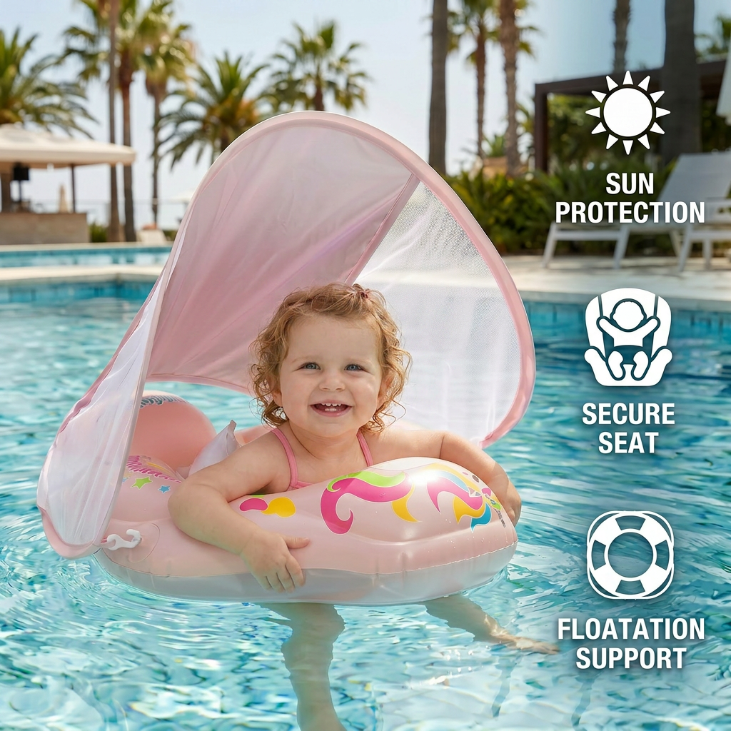 Baby Swim Float with Sun Canopy – Inflatable Infant Swimming Ring for Safe Water Fun