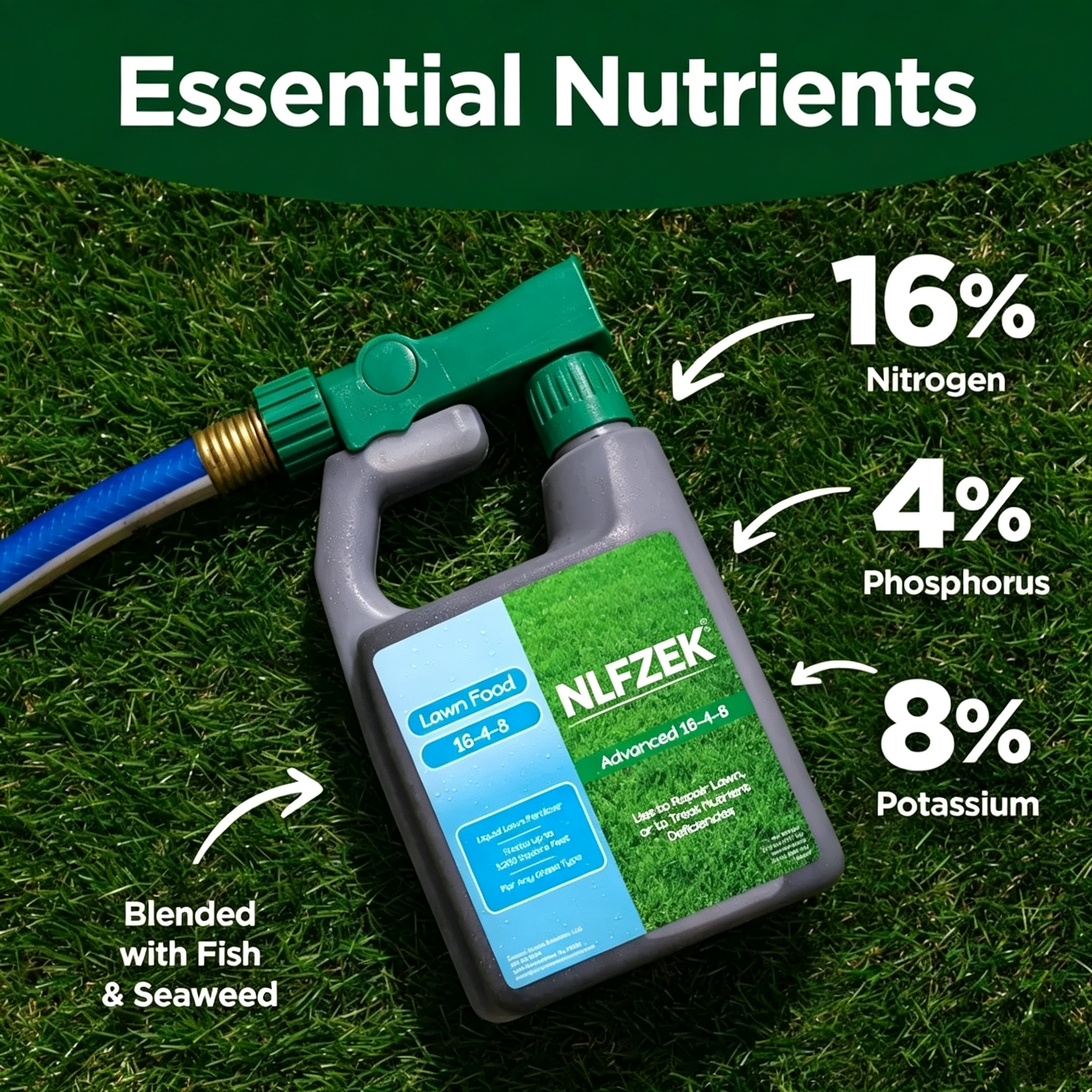NLFZEK 16-4-8 Lawn Food – Fast-Greening Liquid Fertilizer for Thicker, Healthier Grass, 32 oz