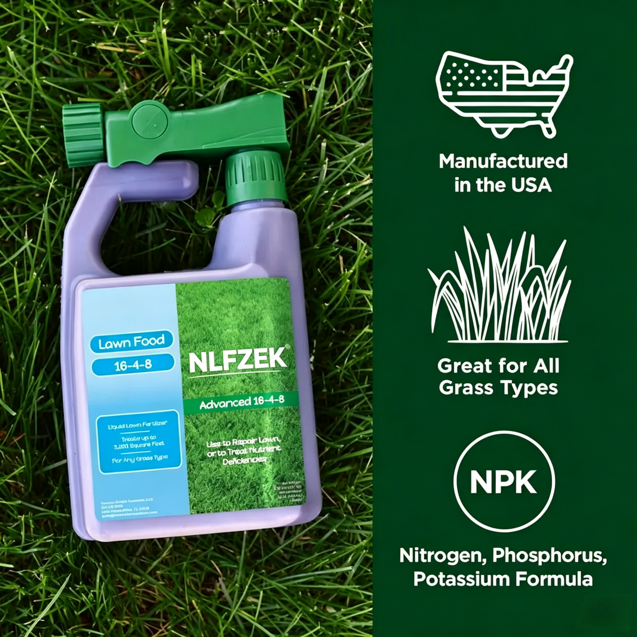 NLFZEK 16-4-8 Lawn Food – Fast-Greening Liquid Fertilizer for Thicker, Healthier Grass, 32 oz