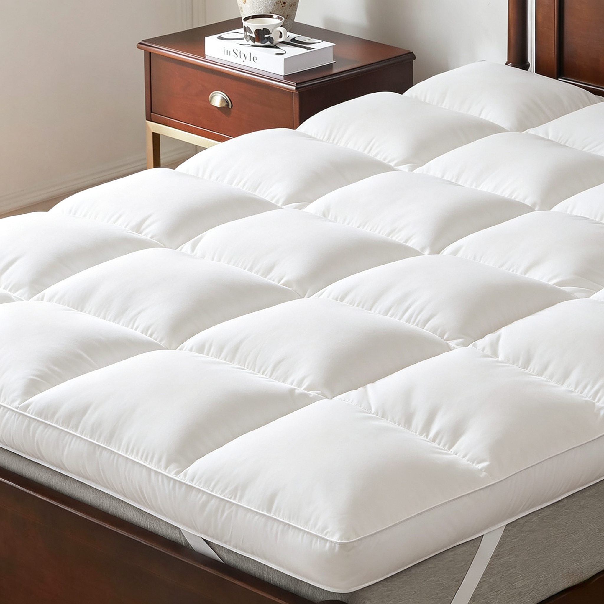 NLFZEK 3" Goose Feather Mattress Topper – Extra Thick Plush Pillow Top, 100% Cotton Cover, Anti-Slip Straps