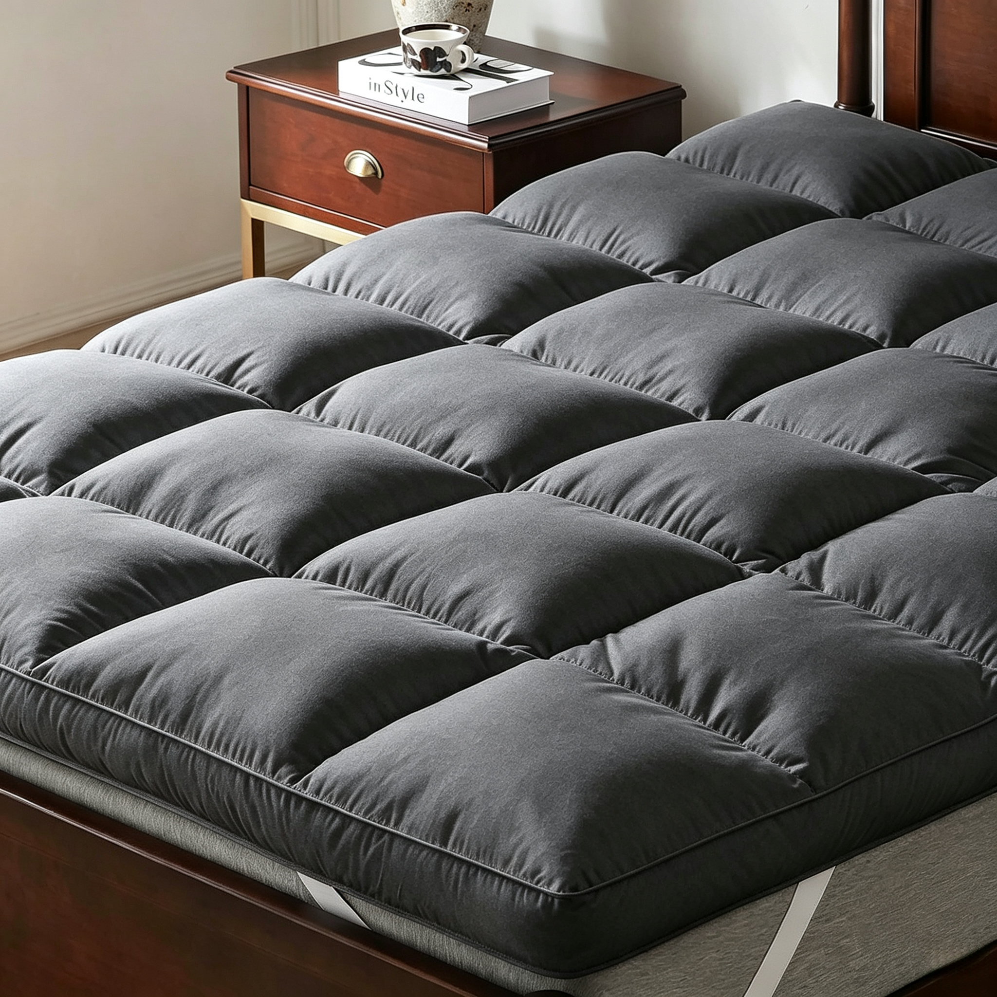 NLFZEK 3" Goose Feather Mattress Topper – Extra Thick Plush Pillow Top, 100% Cotton Cover, Anti-Slip Straps