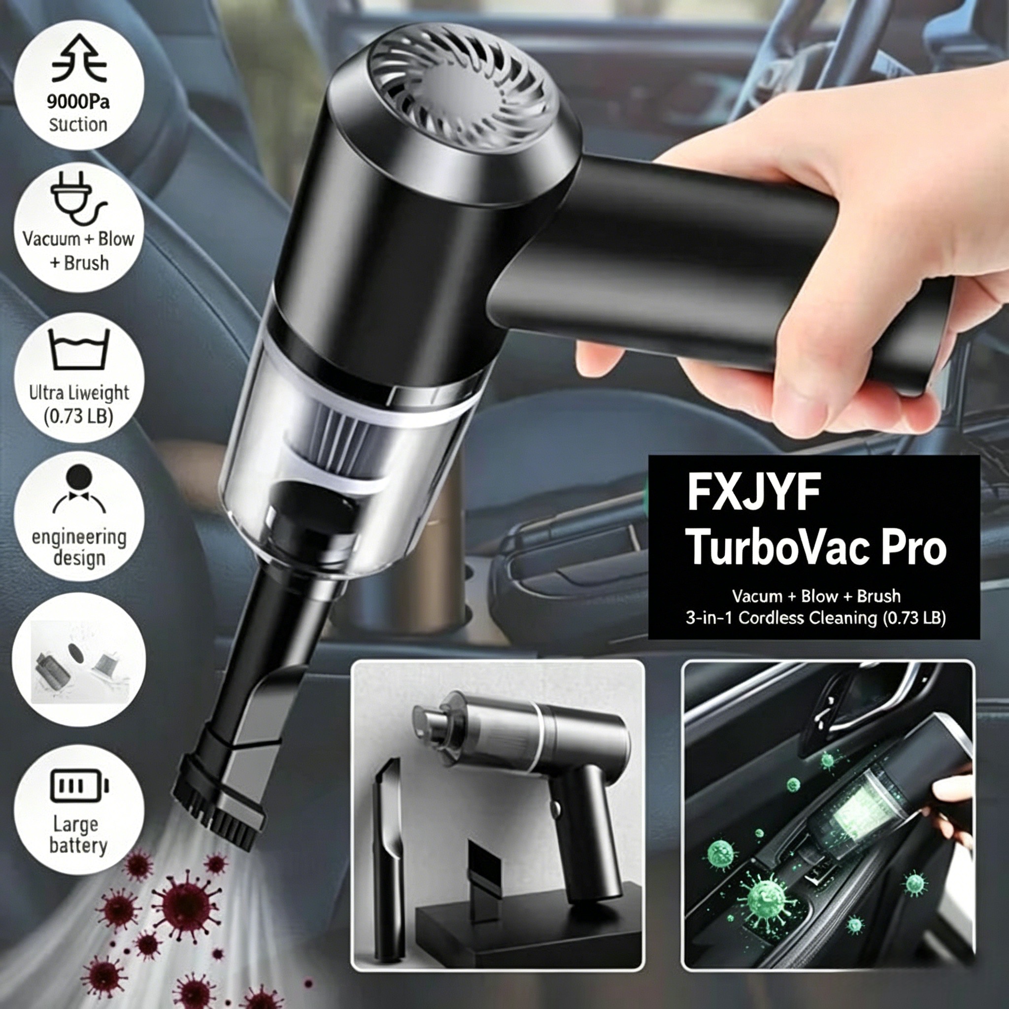 FXJYF™ TurboVac Pro 3-in-1 Wireless Air Duster & Vacuum Powerful Suction • High-Speed Air Blower • Portable Deep Cleaning