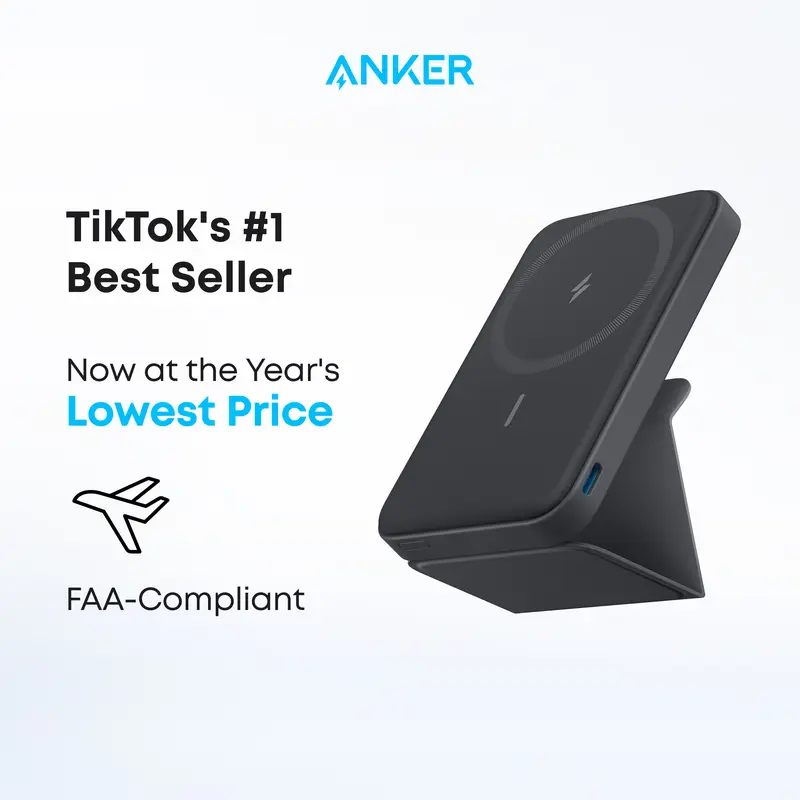 Anker 5,000mAh Magnetic Power Bank | MagSafe-Compatible Wireless Charger with Foldable Stand