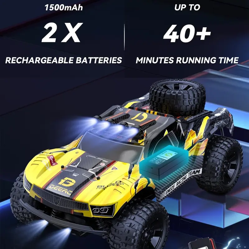 DEERC 9201E 1:10 Large Offroad Control RC Model Car for Boys, 48 km/h Fast Short Course RC Controlled Vehicle, 4x4 PVC-Free Electric Vehicle with Lights, 2 Lithium-Ion Rechargeable Batteries, Rechargeable Race Car