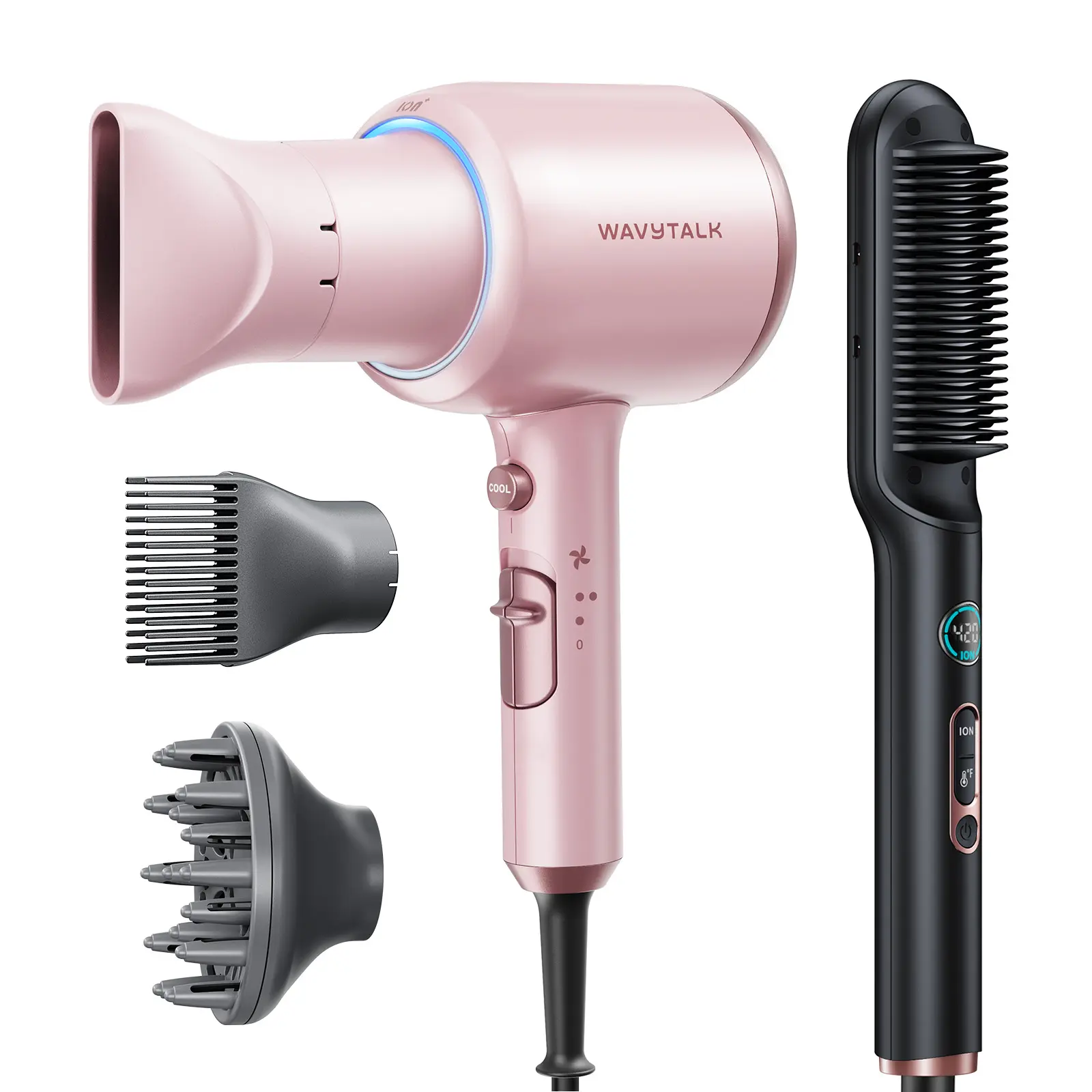 Wavytalk Sleek Sweep Ionic Hair Straightener Brush and Blown Away Ionic Hair Dryer with Diffuser Set