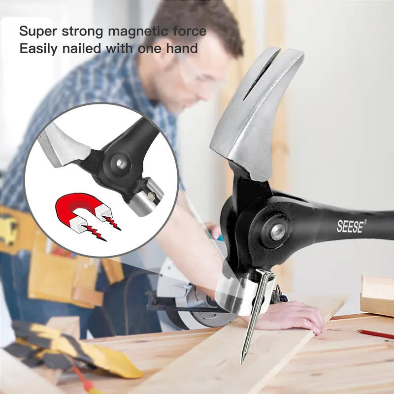 SEESE 16oz Claw Hammer with Magnetic Nail Starter, Forged Steel, Shock-Absorbing Grip for Framing, Carpentry & DIY