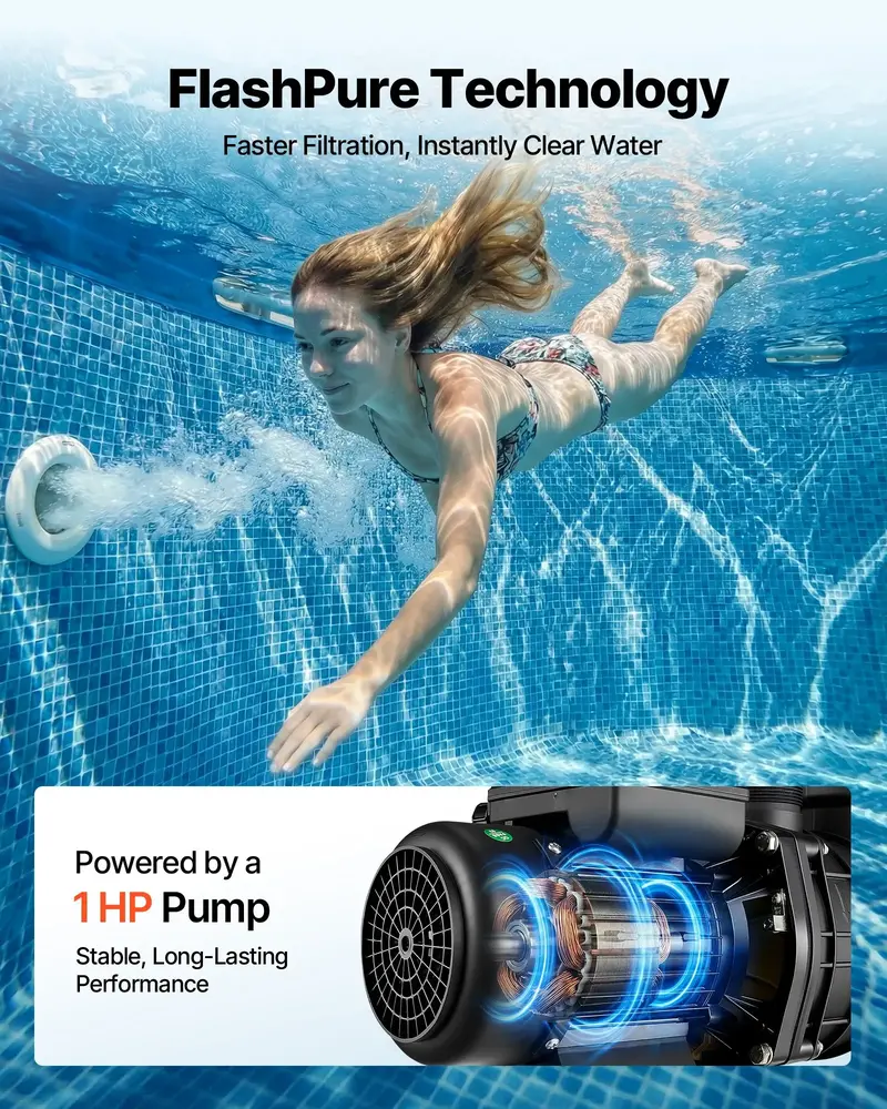 Crystal Clear Pool in Less Time | VEVOR FlashPure 16" 4400 GPH 1 HP Sand Filter Pump with 24H Timer & Fast Leak-Proof Filtration
