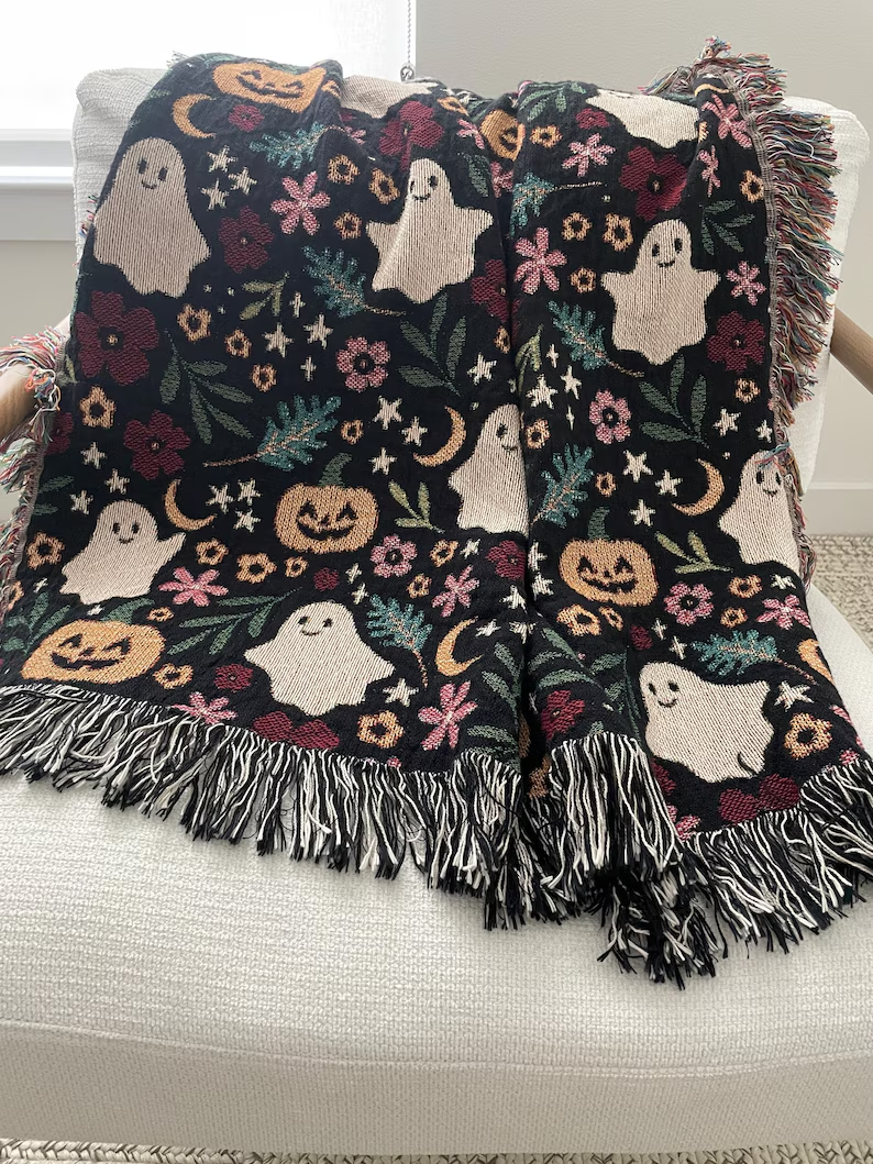 Halloween 100% Cotton Woven Blanket – Vintage Spooky Throw, Retro Halloween Decor for Fall & Cozy Nights