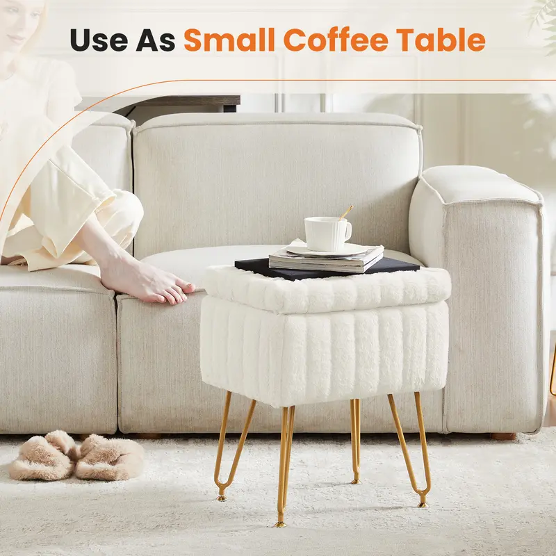 Faux Fur Vanity Stool with Hidden Storage | Modern Ottoman Seat with Gold Legs