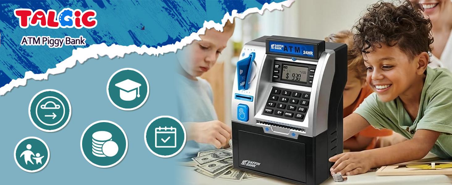 Talgic Kids Piggy Bank ATM Toy, a fun, interactive way to teach kids about money savings. With a realistic ATM keypad, password security, and the ability to save both coins and bills, it&rsquo;s perfect for birthdays, holidays, TALGICKEV