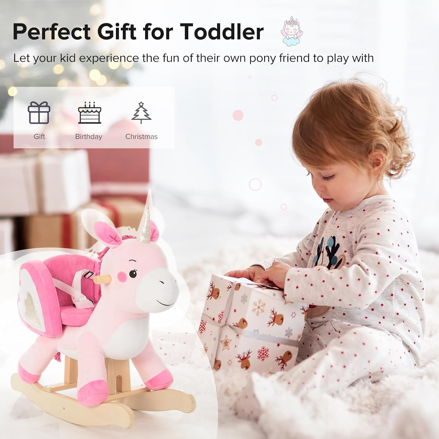 NLFZEK Animal Rocking Horse | Plush Ride-On Toy with Safety Belt for Toddlers