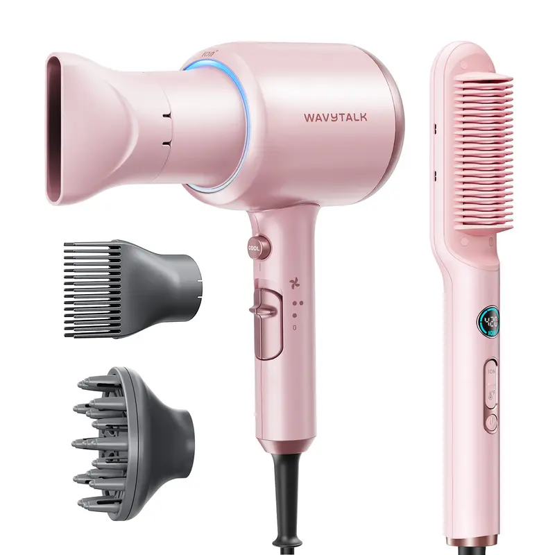 Wavytalk Sleek Sweep Ionic Hair Straightener Brush and Blown Away Ionic Hair Dryer with Diffuser Set