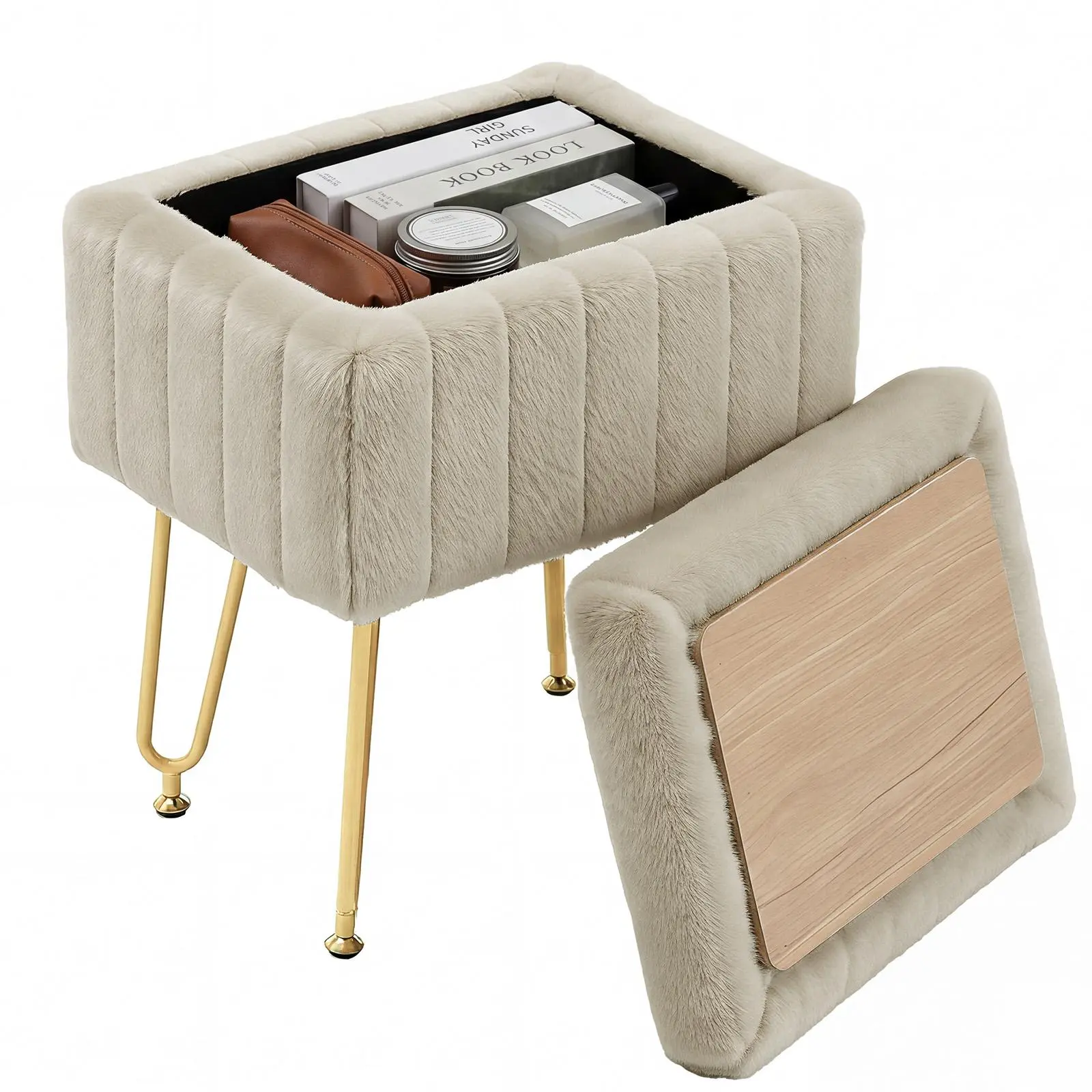 Faux Fur Vanity Stool with Hidden Storage | Modern Ottoman Seat with Gold Legs