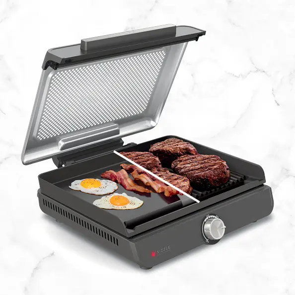 Smokeless Indoor Grill, 14'' Nonstick Grill Plate, Dishwasher-Safe Removable Mesh Lid, 500F Max Heat, Even Edge-to-Edge Cooking