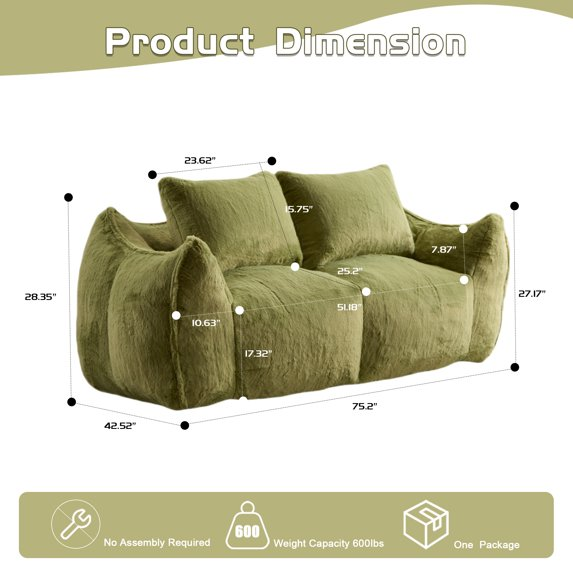 NLFZEK Giant Bean Bag Sofa – Oversized 2-Seater Couch with Plush Foam & Cozy Armrests