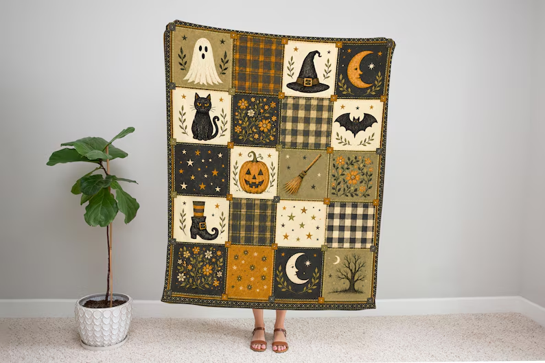 Halloween 100% Cotton Woven Blanket – Vintage Spooky Throw, Retro Halloween Decor for Fall & Cozy Nights