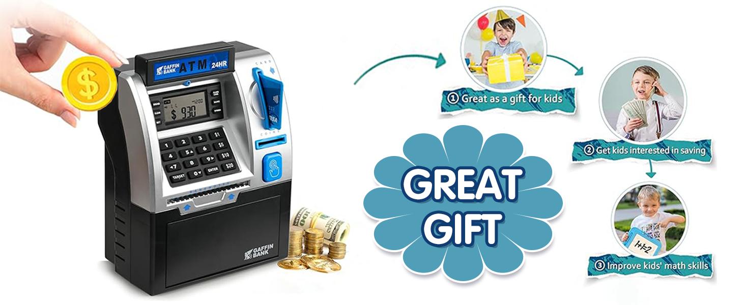 Talgic Kids Piggy Bank ATM Toy, a fun, interactive way to teach kids about money savings. With a realistic ATM keypad, password security, and the ability to save both coins and bills, it&rsquo;s perfect for birthdays, holidays, TALGICKEV