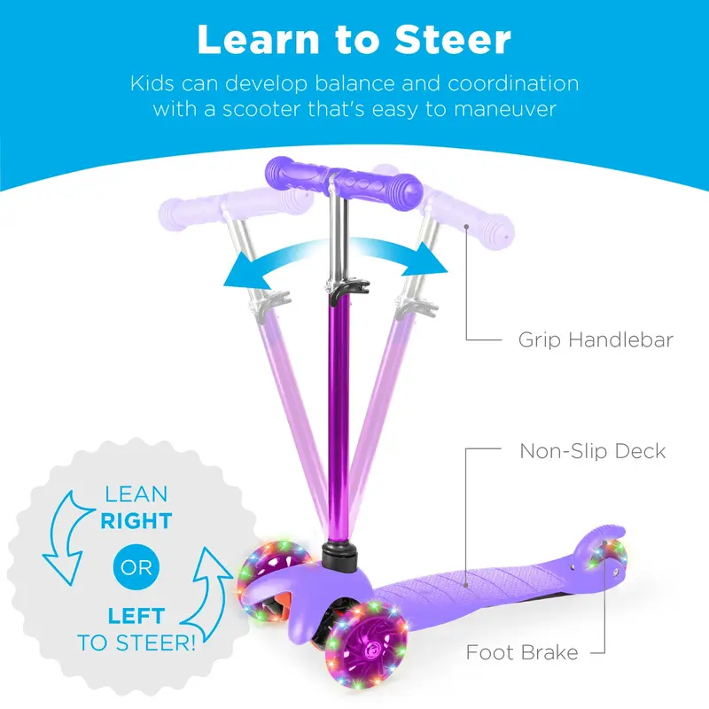 Best Choice Kids 3-Wheel Kick Scooter, Height Adjustable T-Bar, LED Light-Up Wheels Foldable Scooter for Ages 3+