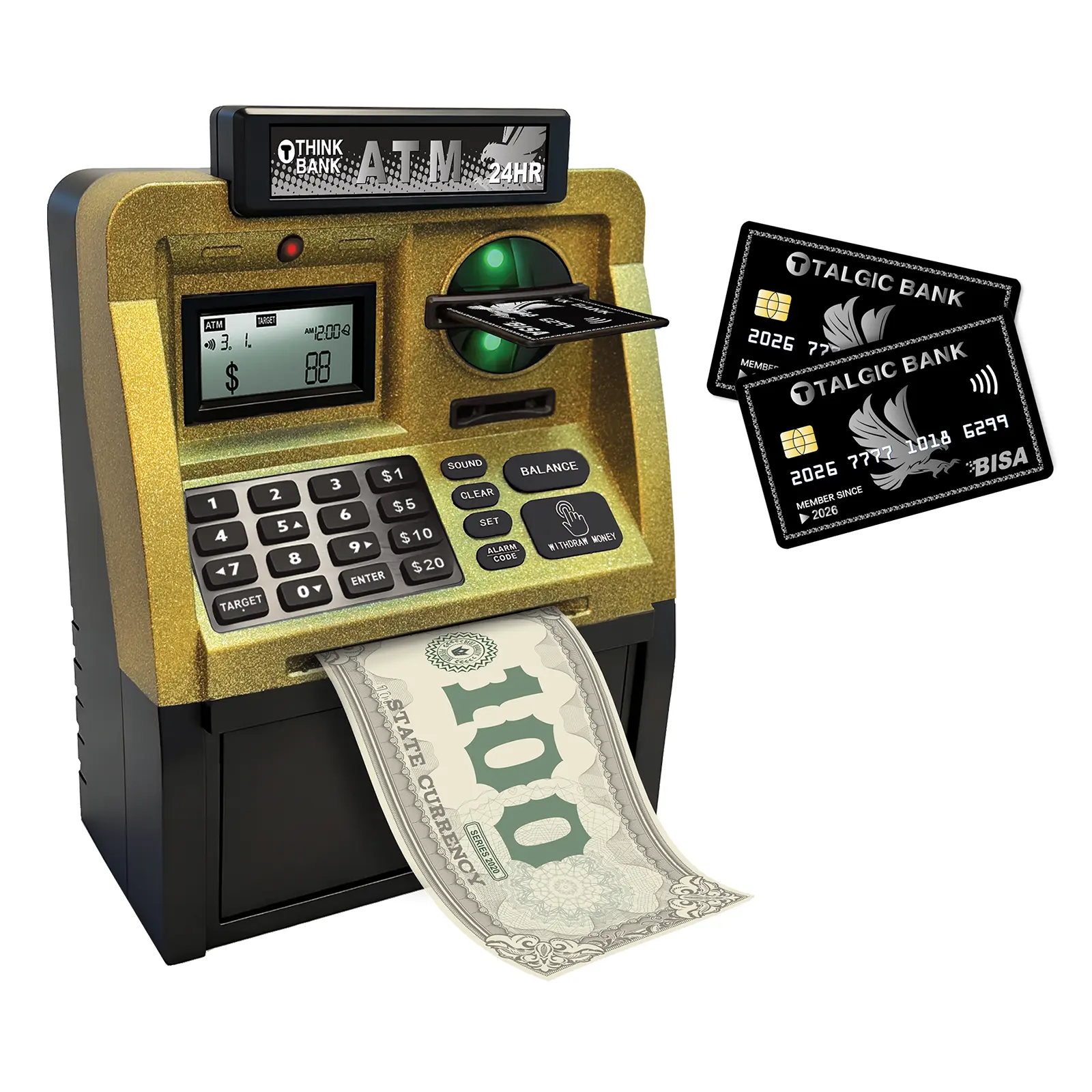 Talgic Kids Piggy Bank ATM Toy, a fun, interactive way to teach kids about money savings. With a realistic ATM keypad, password security, and the ability to save both coins and bills, it’s perfect for birthdays, holidays