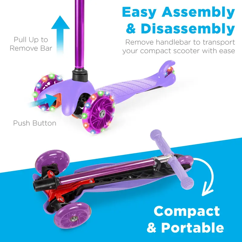 Best Choice Kids 3-Wheel Kick Scooter, Height Adjustable T-Bar, LED Light-Up Wheels Foldable Scooter for Ages 3+
