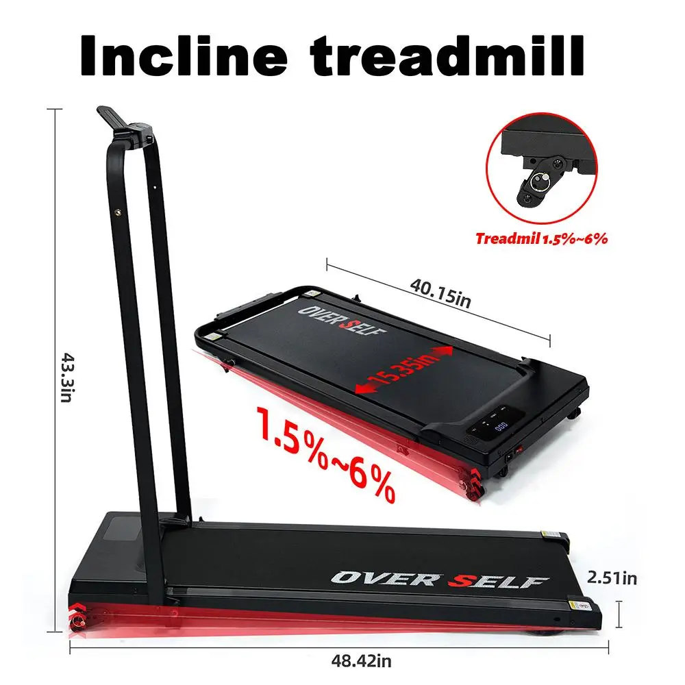 OVERSELF Foldable Walking Pad Treadmill with Handlebar, Adjustable Incline, 2.5HP Silent Motor, Remote Control, Carpet-Friendly Compact Home Running Machine