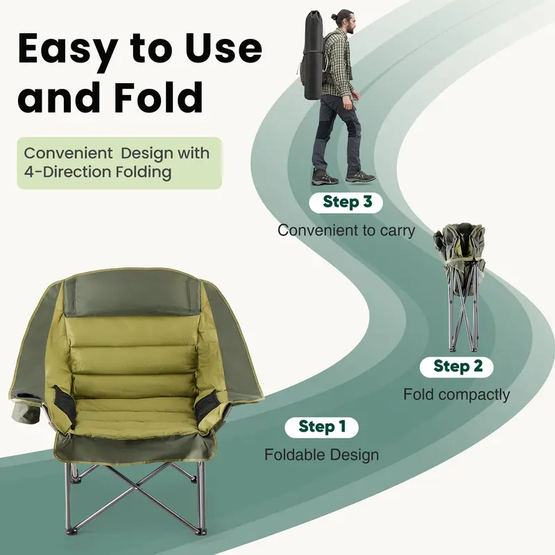 Comfort Folding Camping Chair, 440LBS Heavy Duty Reinforced Steel Frame, Padded 600D Oxford Chair with Cup Holders & Side Pockets, Foldable Carry Bag for Glamping Concerts Picnic
