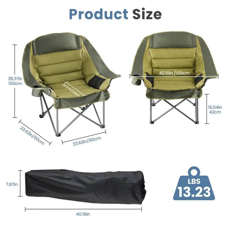 Comfort Folding Camping Chair, 440LBS Heavy Duty Reinforced Steel Frame, Padded 600D Oxford Chair with Cup Holders & Side Pockets, Foldable Carry Bag for Glamping Concerts Picnic