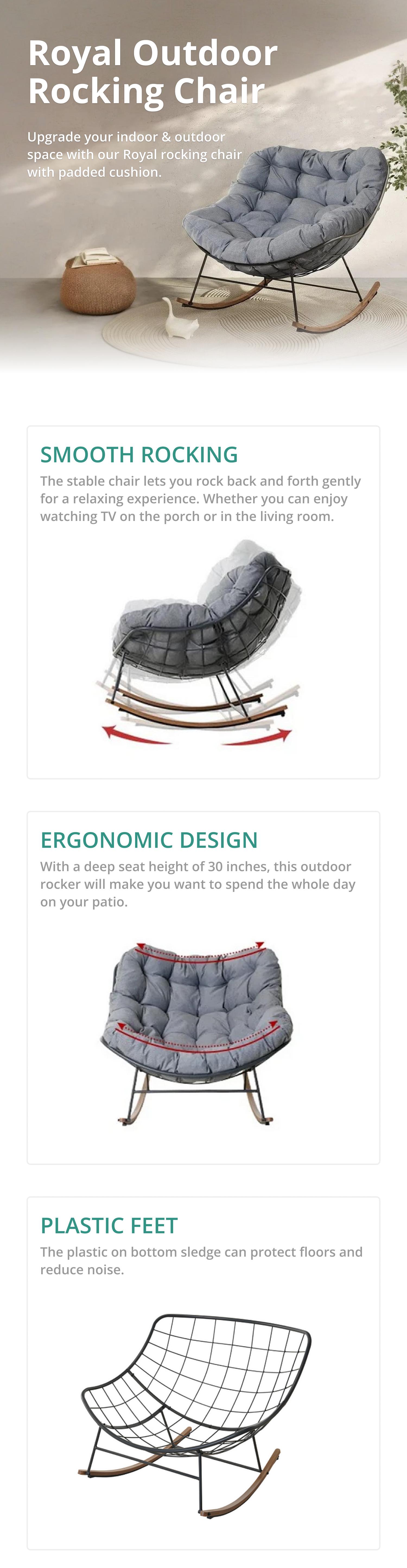 GRAND PATIO Royal Rocking Chair with Cushions, Indoor & Outdoor All-Weather Patio Rocker for Porch, Balcony, Garden & Backyard