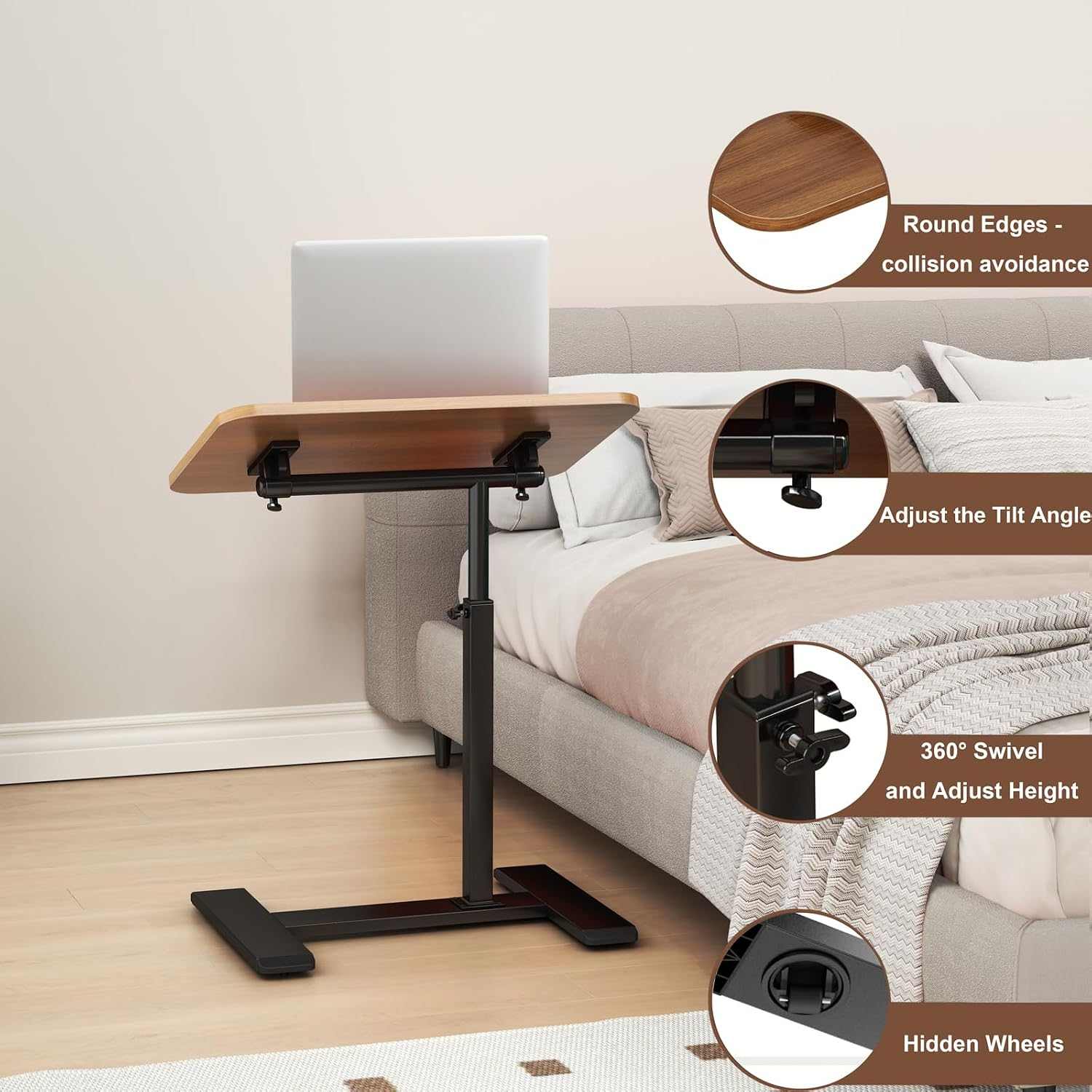 NLFZEK C-Shaped Side Table – Adjustable Height Swivel Laptop Table with Hidden Wheels for Sofa & Bed