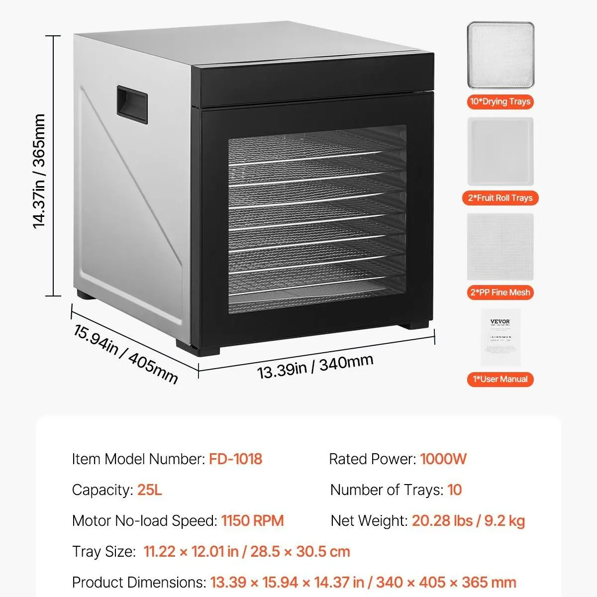 【fathersdaygift】VEVOR 800W Electric Food Dehydrator Machine - Stainless Steel Dehydrators with 10 Stainless Steel TraysDigital Adjustable Timer & Temperature for JerkyFruitDog Treats, Countertop Food Dehydrators