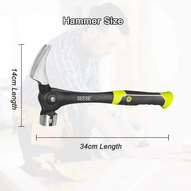 SEESE 16oz Claw Hammer with Magnetic Nail Starter, Forged Steel, Shock-Absorbing Grip for Framing, Carpentry & DIY