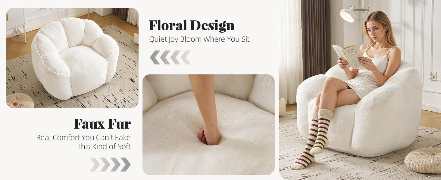 MOJAY Pre-Assembled Oversized Ultra-Soft Faux Fur Bean Bag Chair - Durable Upholstered Floor Lounger with Supportive Petal Back for Bedroom, Living Room