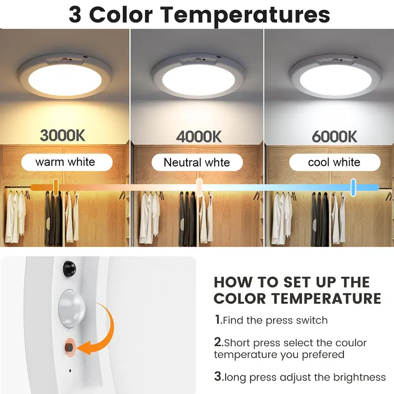 Rechargeable Motion Sensor Ceiling Light with Remote, Magnetic Drill-Free Wireless LED Light, 10000mAh Battery 3 Color Temp for Closet Stairs Porch Shed