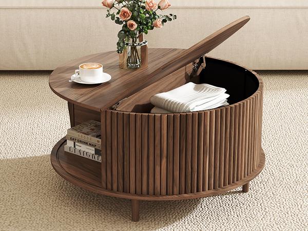 Mid-Century Modern Coffee Table with Storage - 31.5" Walnut Sliding Door Center Table for Small Spaces Mid-Century Modern Coffee Table with Storage - 31.5" Walnut Sliding Door Center Table for Small Spaces