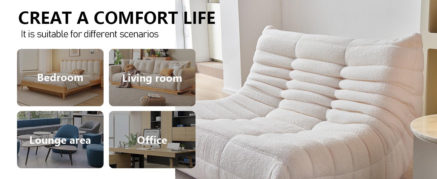 Togo Sofa for Adults 1/2/3 Seater Bean Bag Chair Sofa, Ergonomic High Density Memory Foam, Ultra Soft Teddy Fleece Fabric, Anti Slip Bottom, No Assembly Required, Modern Decor Fireside Lounger for Living Room Bedroom Office, Summer Deal
