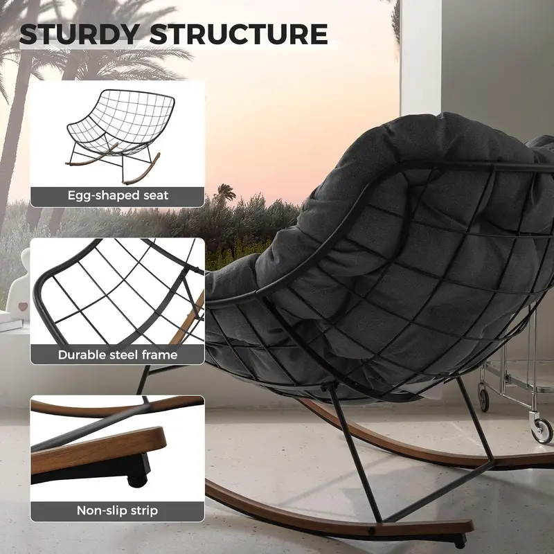 GRAND PATIO Egg-Shaped Rocking Chair with Thick Cushion, All-Weather E-Coated Steel Patio Rocker for Balcony Garden Backyard