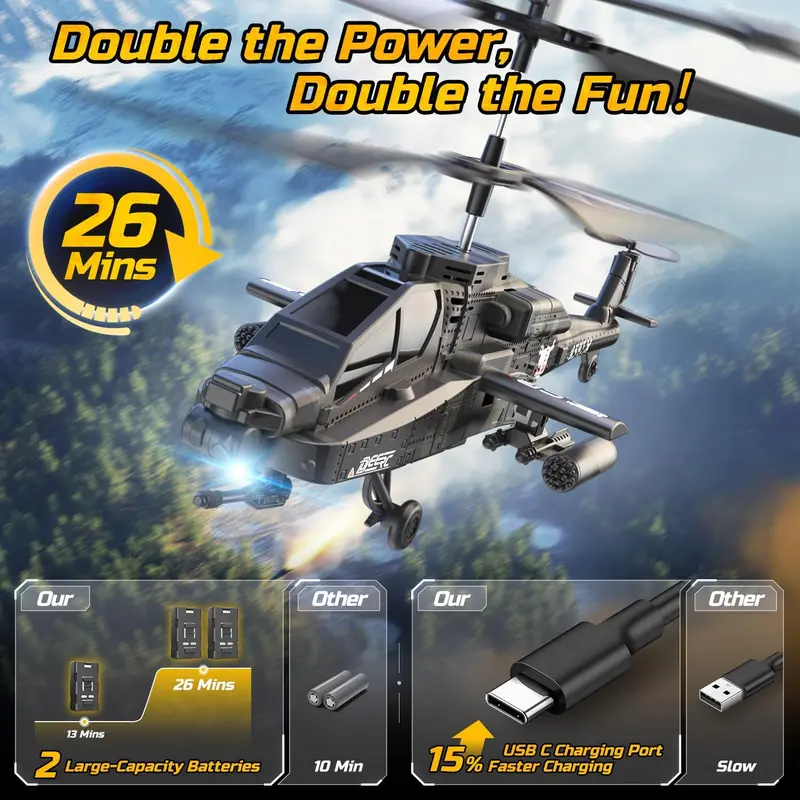 DEERC RC Helicopter for Kids & Beginners | 26-Min Flight, 2 Rechargeable Batteries, Altitude Hold, LED Lights & One-Key Takeoff